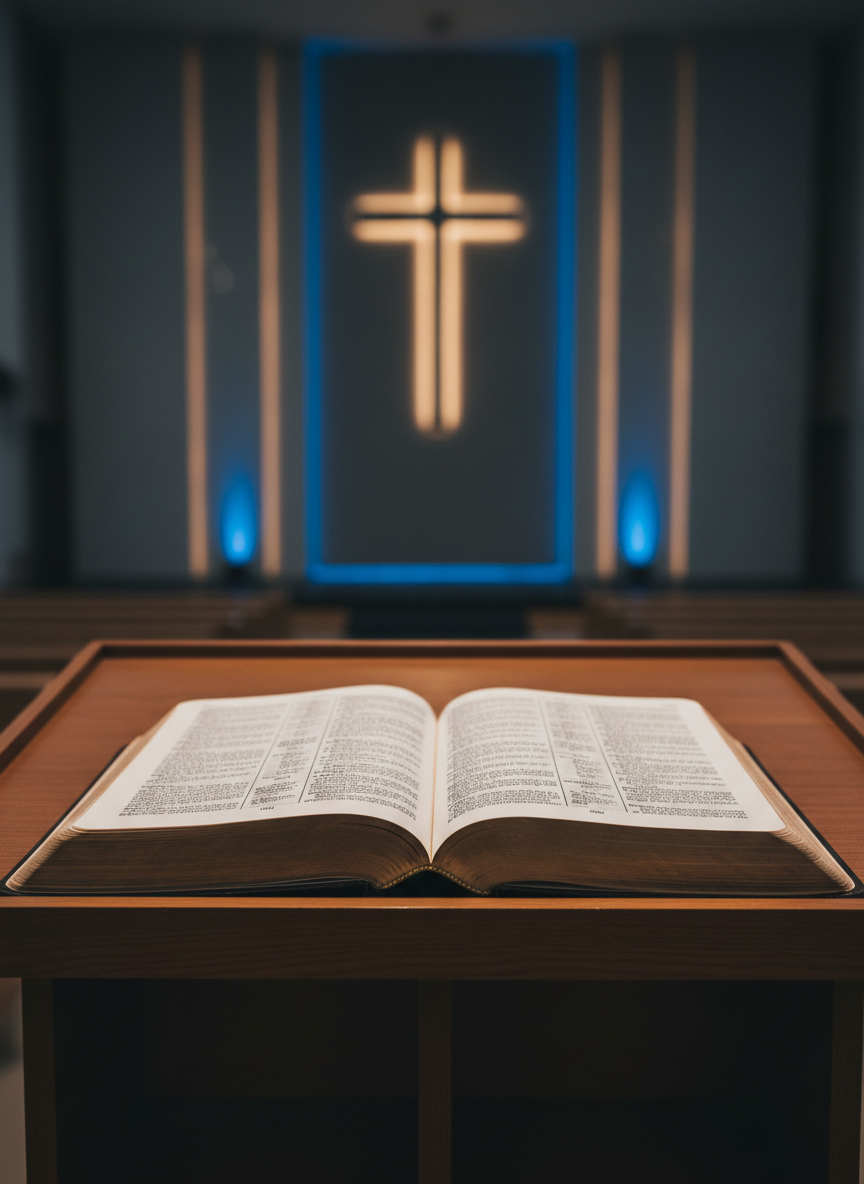 A close-up photographic image of an open leather-bound Bible resting on a smooth wooden lectern in a church sanctuary, with no people present. The Bible’s pages are gently curved, showing finely textured paper with faint, unreadable lines suggesting bilingual English and Russian scripture without legible text. Behind it, softly out of focus, is a minimalist stage with a cross and subtle LED backlighting in deep blue and soft gold, symbolizing unity and worship. Warm overhead lights create delicate highlights along the Bible’s gilded edges and cast a gentle shadow across the lectern. Captured from a low, slightly angled perspective with shallow depth of field, the mood is contemplative and reverent, suitable for sermon or teaching-related content.