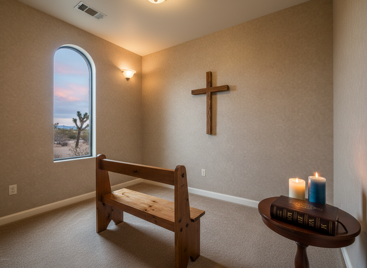 A serene church prayer room in Las Vegas, shown in photographic realism and entirely empty of people. A simple wooden kneeling bench stands in the foreground on a neutral carpet, its surface slightly worn with a soft sheen. On a small side table, two unlit pillar candles, one ivory and one deep blue, stand beside a closed bilingual devotional book with both Latin and Cyrillic-like characters on the spine, kept intentionally unreadable. A small cross hangs on a textured beige wall, while a narrow window reveals a hint of desert landscape and pastel evening sky. Diffused, warm indoor lighting creates a calm, intimate atmosphere, with an eye-level composition and gentle shadows emphasizing quiet personal worship and reflection.