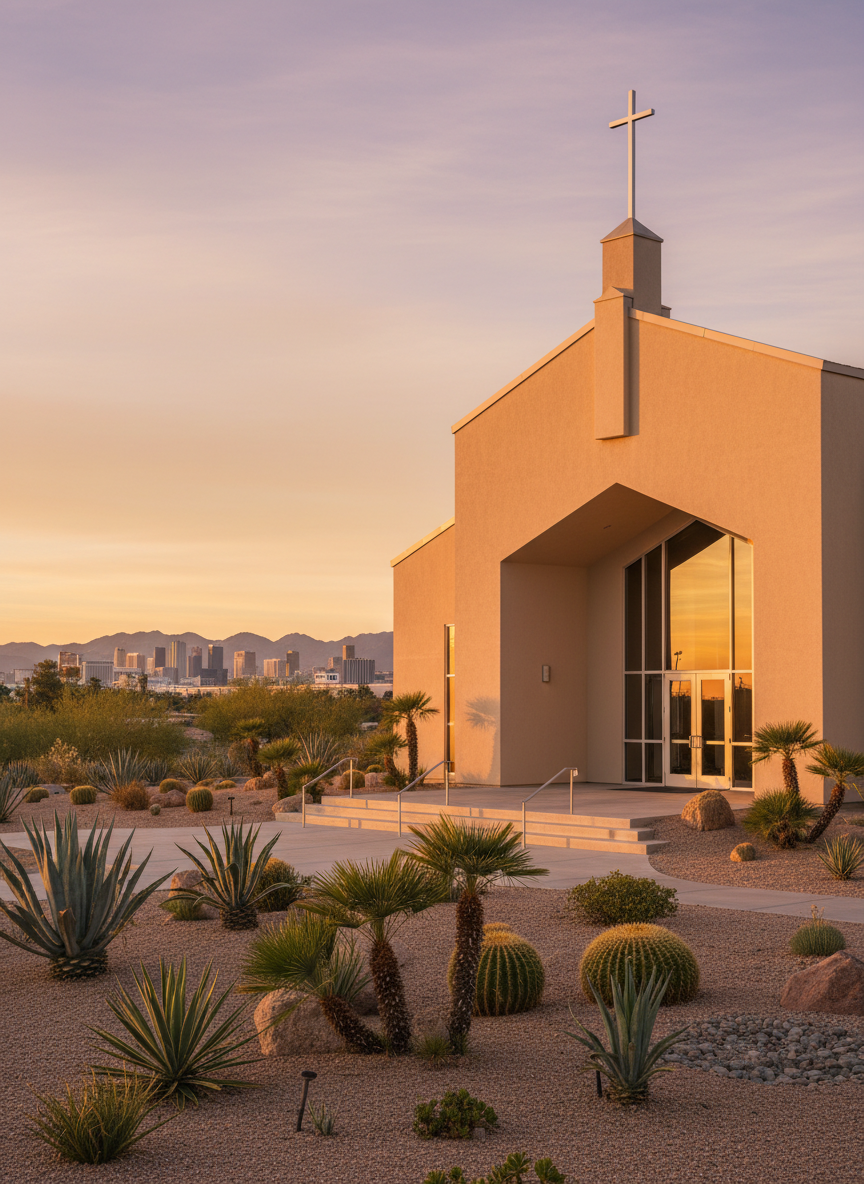 An exterior view of a contemporary church building in Las Vegas at golden hour, captured in photographic realism. The structure features clean stucco walls in warm beige tones, a modest steeple with a simple cross, and low desert landscaping with succulents and small palms. In the background, distant Las Vegas skyline silhouettes and soft desert mountains quietly suggest the city without showing casinos directly. The sky glows with warm oranges and soft purples, reflected on the church’s large glass entry doors. Shot from a slightly low angle, the composition uses the rule of thirds to emphasize the building’s welcoming entrance and wide steps, conveying a professional yet warm community presence and a peaceful refuge within a vibrant city.